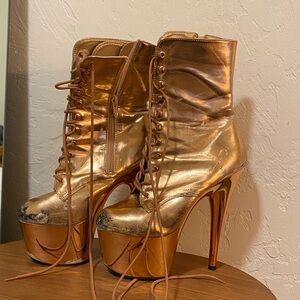 Pleaser Rose Gold 7” Stripper Platform Lace-Up Ankle Boots